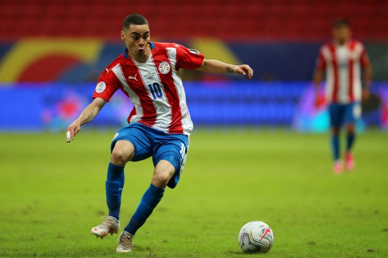 Miguel Almiron in action for Paraguay against Argentina