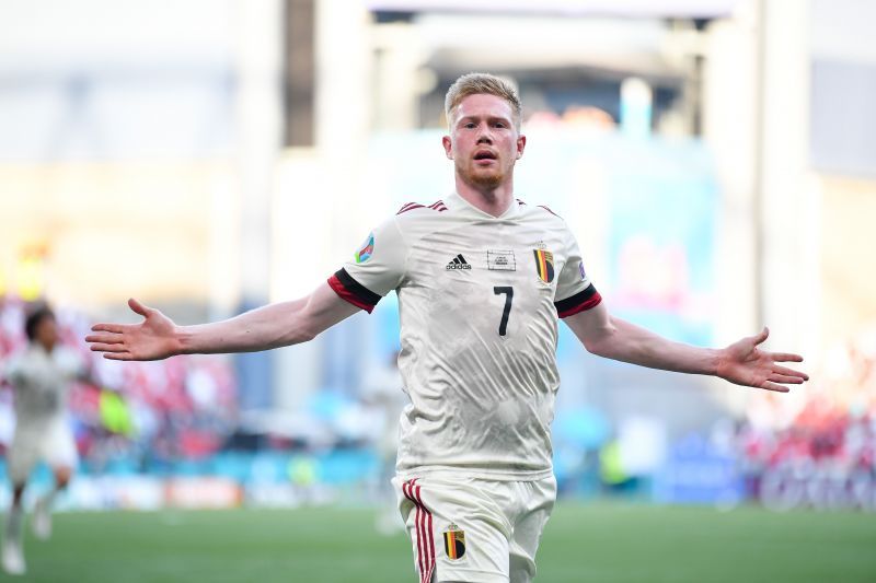 Kevin de Bruyne celebrates after scoring Belgium's winner against Denmark