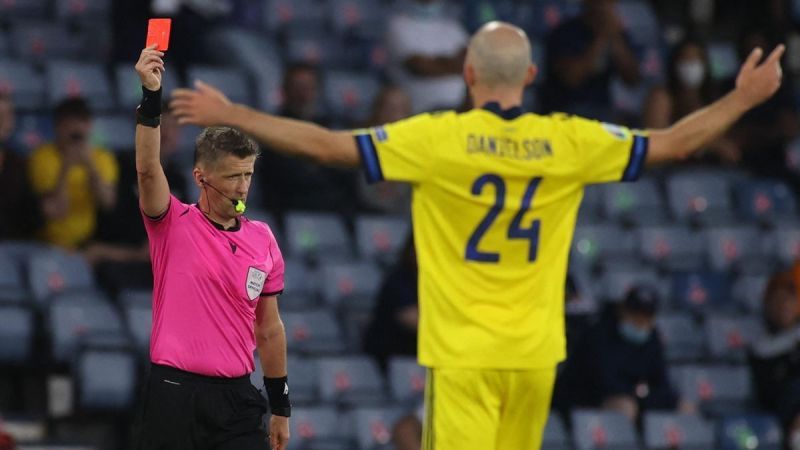 Marcus Danielson reacts after seeing red for a dangerous tackle