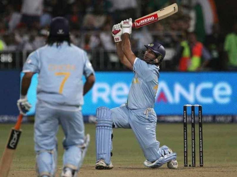 Yuvraj Singh hitting a six against Stuart Broad.