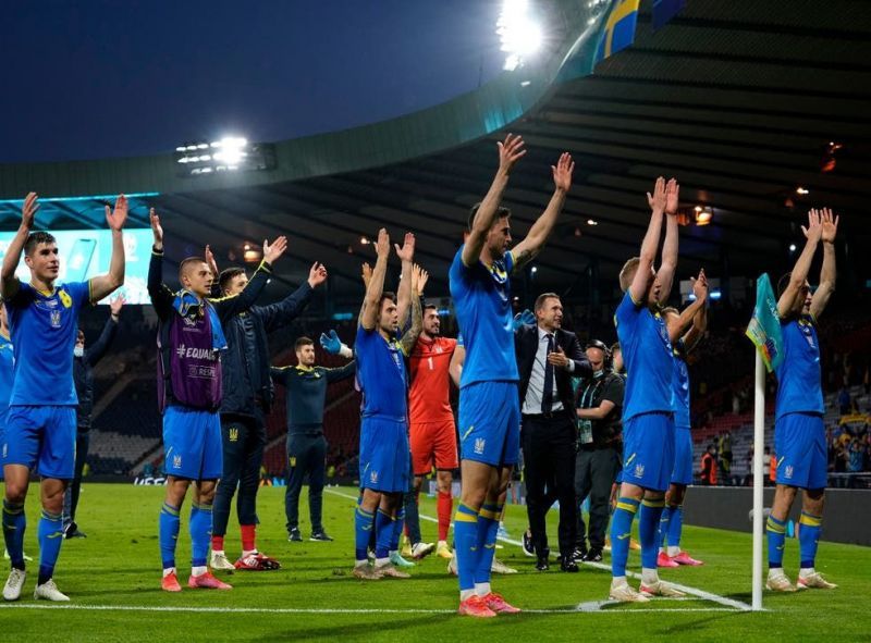 Ukraine players celebrate after their win over Sweden in Glasgow