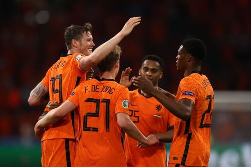 The Netherlands celebrate the winning goal in their Euro 2020 encounter against Ukraine.