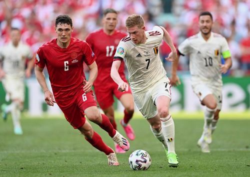 Kevin de Bruyne (right) dribbles past Andreas Christensen (right) during Belgium's Euro 2020 win over Denmark