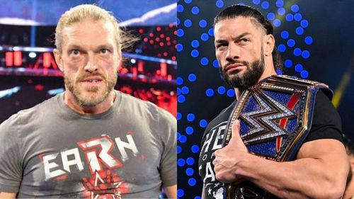 Edge (left); Roman Reigns (right)