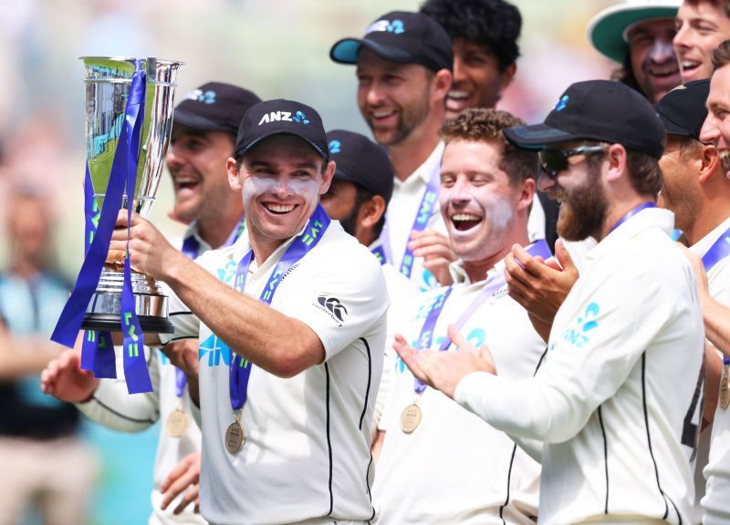 New Zealand cricketers celebrate their Test series triumph in England.