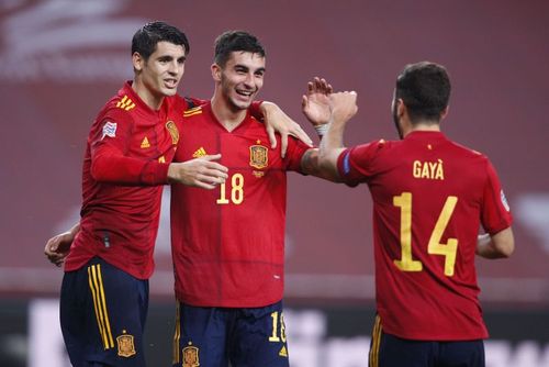 Alvaro Morata, Ferran Torres and Jose Gaya of Spain