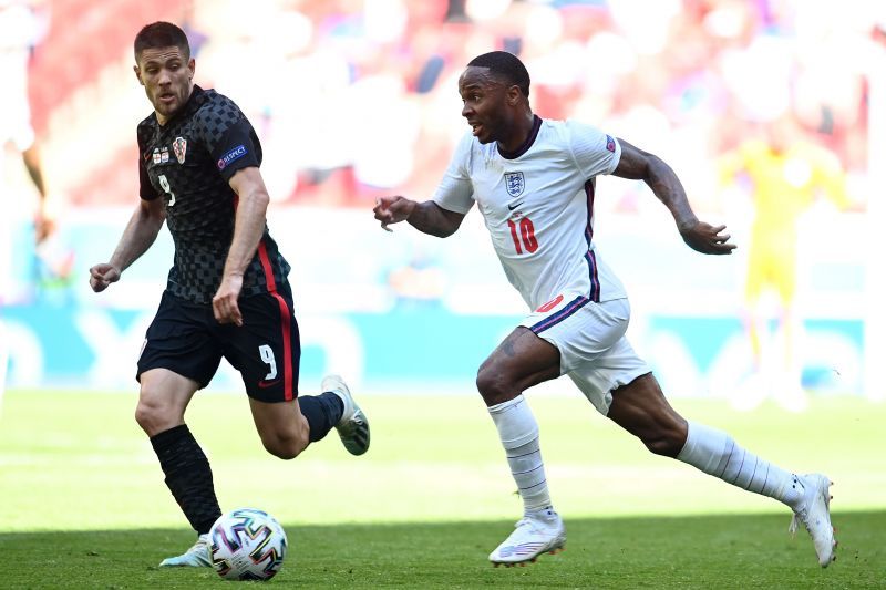 Raheem Sterling (right) for England at Euro 2020