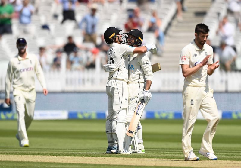 Devon Conway and Neil Wagner celebrate after the former reached his double century.