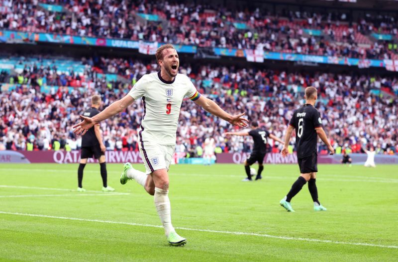Harry Kane celebrates after scoring for England against Germany