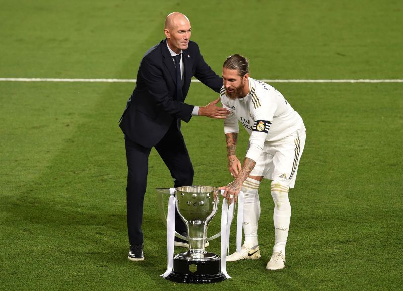 Zidane and Ramos with Real Madrid&#039;s 2019-20 La Liga title (Photo by Denis Doyle/Getty Images)