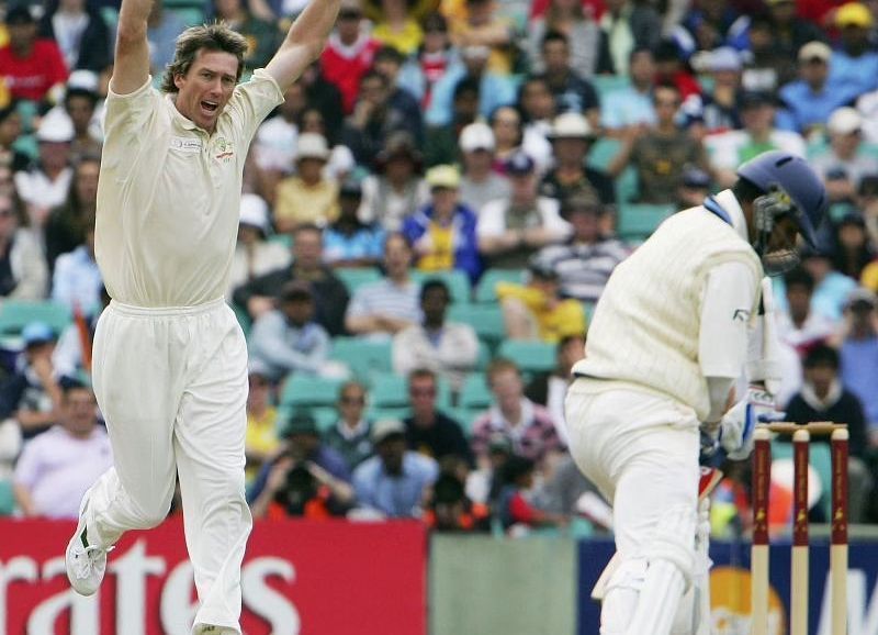 Glenn McGrath celebrates after dismissing Rahul Dravid in the 2005 ICC Super Series. Pic: Getty Images