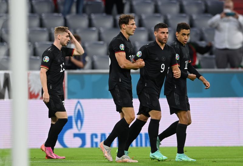 Leon Goretzka (centre, #18) celebrates after scoring for Germany against Hungary