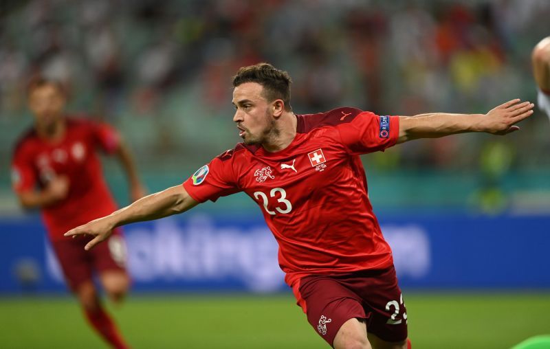 Switzerland forward Xerdan Shaqiri celebrates after scoring his team&#039;s third goal against Turkey