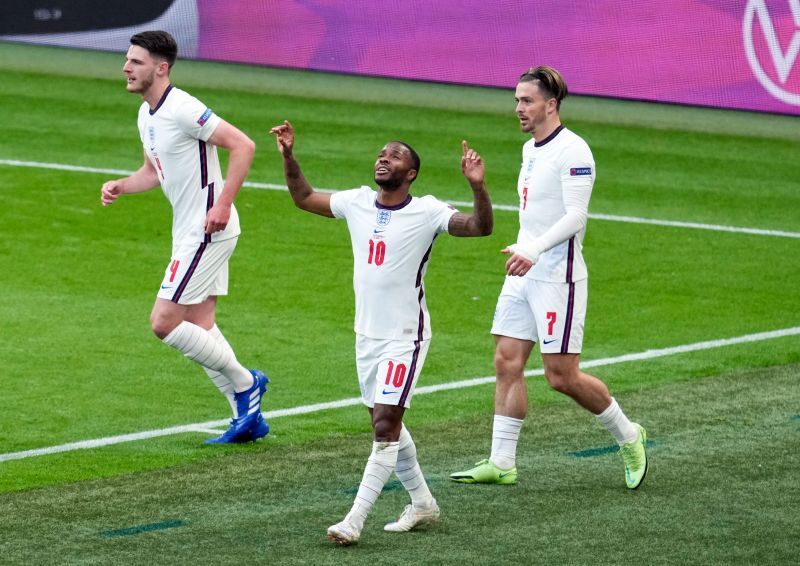 Raheem Sterling (centre) celebrates after scoring for England against Czech Republic in their Euro 2020 match