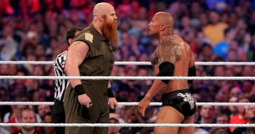 Erick Rowan and The Rock at WrestleMania 32.