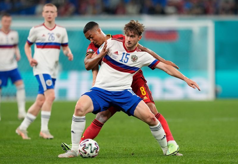 Aleksey Miranchuk (#15) battles for the ball during Russia's match against Belgium