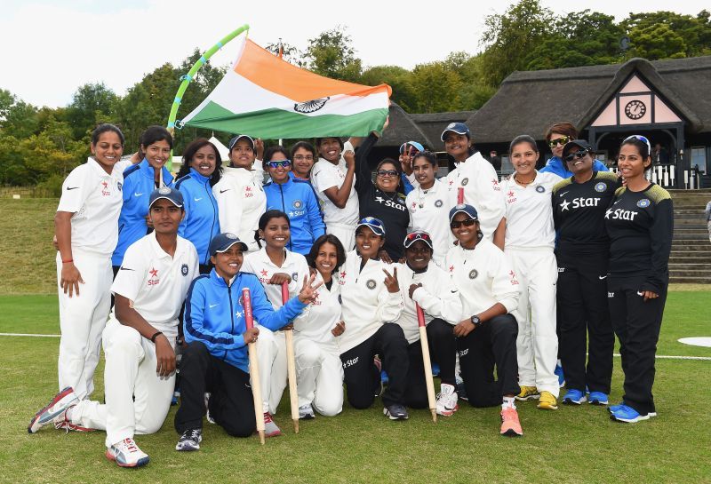  The Indian women&#039;s team celebrate after defeating against England in 2014