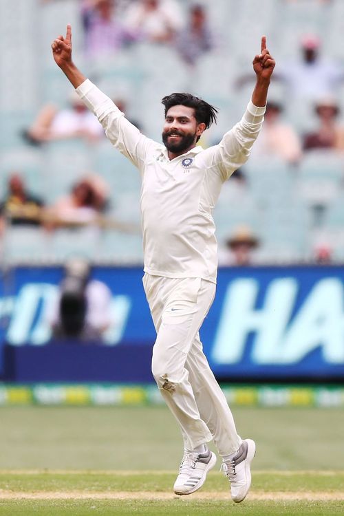 Ravindra Jadeja celebrates after picking up a wicket.