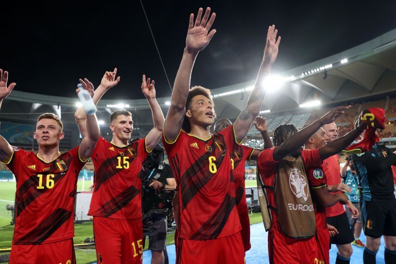 Belgium players celebrate after their Euro 2020 Round of 16 win against Portugal