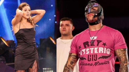 Aalyah Mysterio (left); Rey Mysterio and Dominik (right)