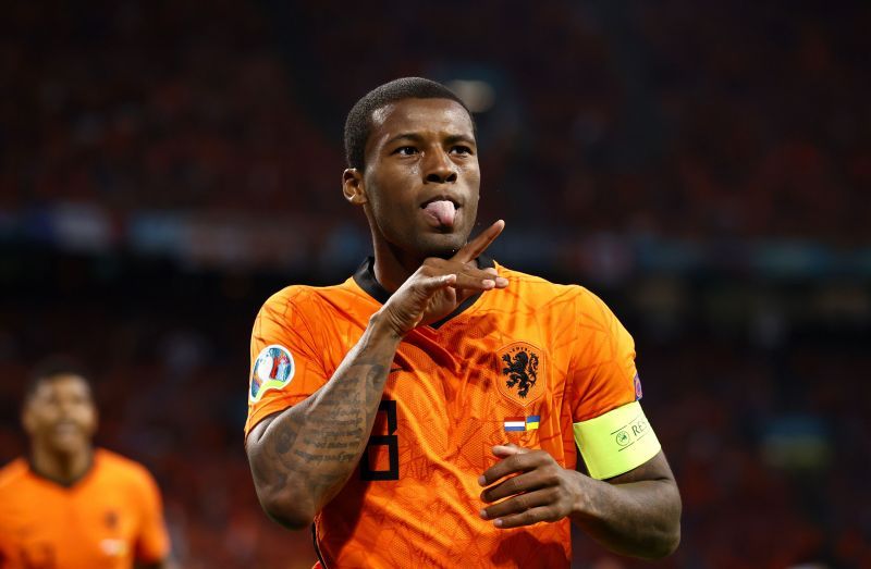 Georginio Wijnaldum celebrates after scoring for Netherlands at Euro 2020