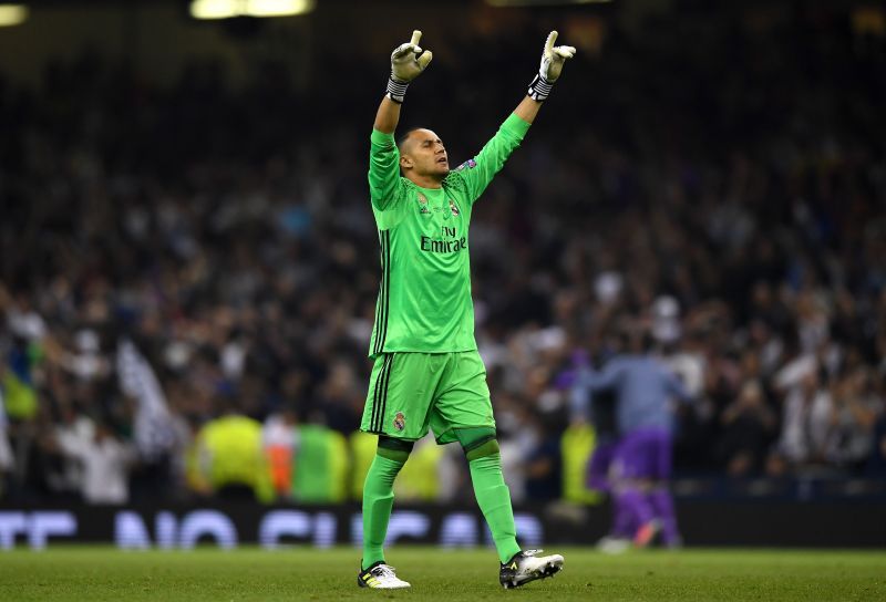 Keylor Navas celebrates a goal with Real Madrid in the UEFA Champions League Final.