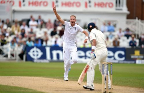 Stuart Broad celebrates dismissing Virat Kohli during the 2014 series. Pic: Getty Images