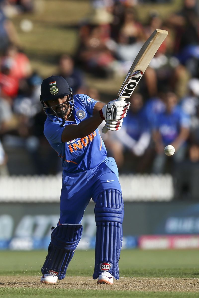 Kedar Jadhav plays a shot for the Indian team.