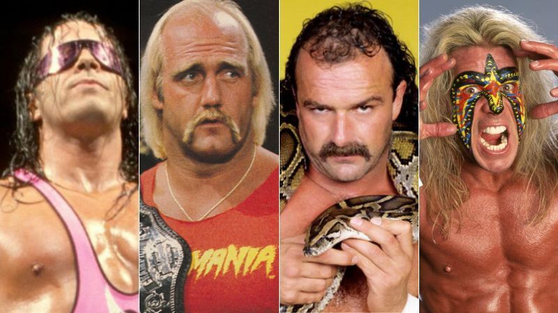 Left to right: Bret Hart, Hulk Hogan, Jake Roberts, The Ultimate Warrior