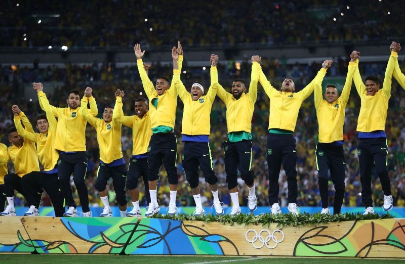 Brazil&#039;s national team celebrate their Olympics Gold medal