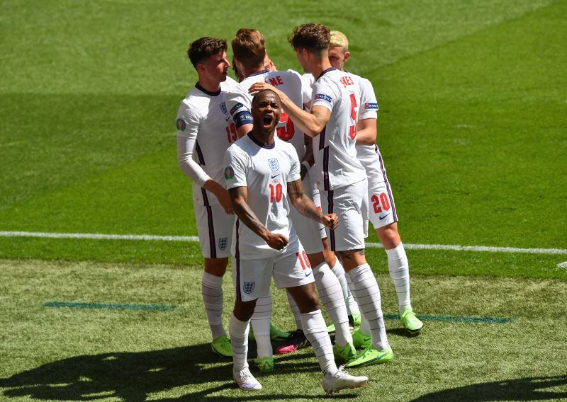 England&#039;s Raheem Sterling celebrates scoring the only goal of the game