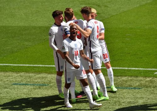 England's Raheem Sterling celebrates scoring the only goal of the game