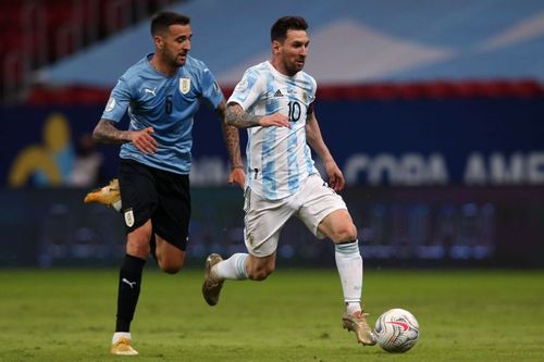 Argentina's Lionel Messi in action against Uruguay