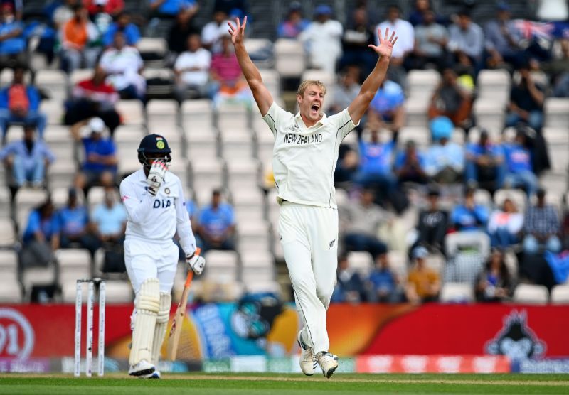 Jasprit Bumrah falls leg before to Kyle Jamieson for a first-ball duck.