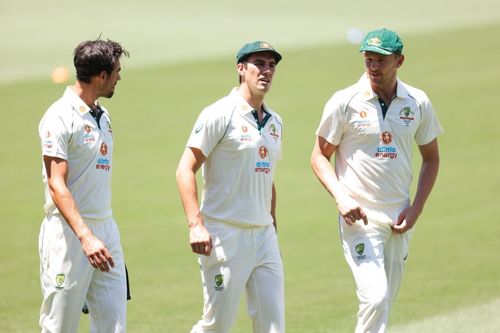 (L-R) Mitchell Starc, Pat Cummins, and Josh Hazelwood. Pic: Getty Images