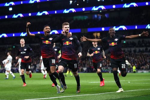 TImo Werner celebrates scoring a goal for RB Leipzig