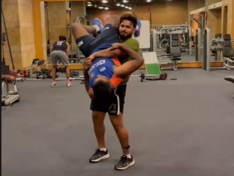 Rishabh Pant giving the Indian team’s performance analyst Hari Prasad Mohan a lift. Pic: Rishabh Pant/ Instagram