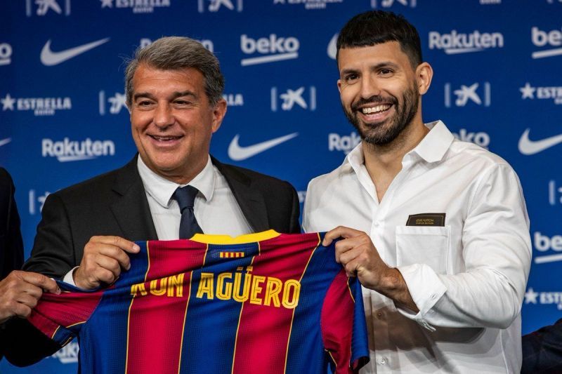Joan Laporta with Kun Aguero, one of the latest arrivals at Camp Nou