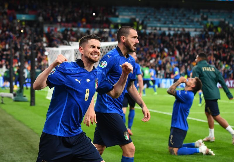 Italy players rejoice following their penalty-shootout win over Spain in the Euro 2020 semi-final.