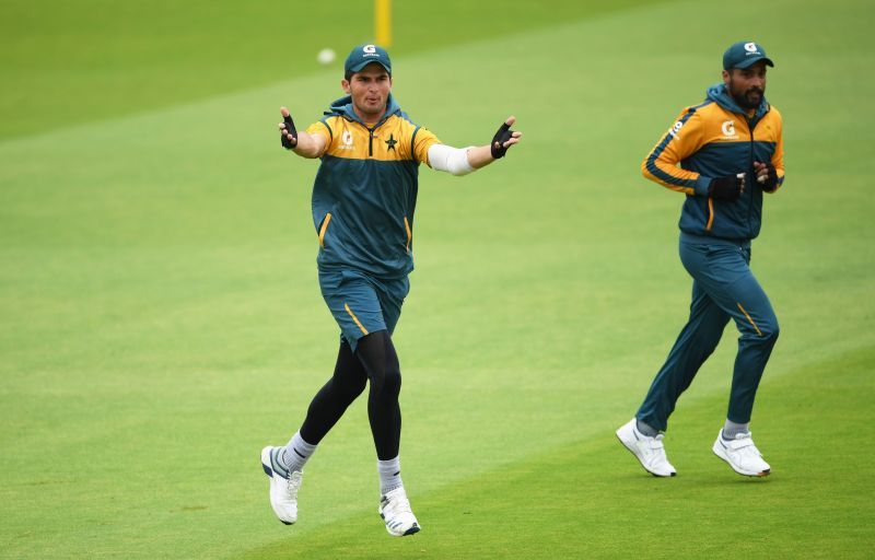 Shaheen Afridi (L) with Mohammad Amir during a training session.