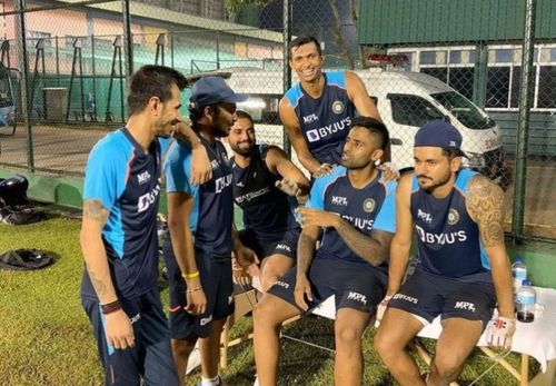 Yuzvendra Chahal along with his teammates in the Sri Lanka tour