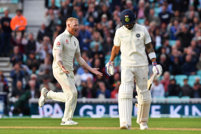 Ben Stokes celebrating in the wicket of Indian skipper, Virat Kohli