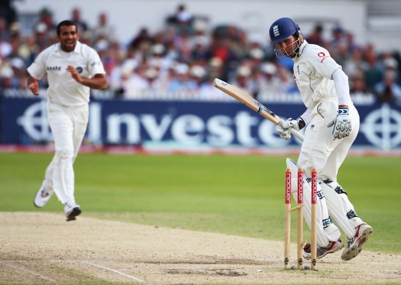 Zaheer Khan cleans up Michael Vaughan. Pic: Getty Images