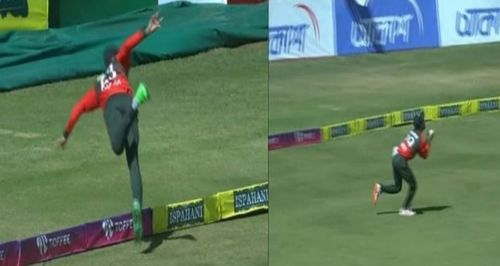 Bangladesh’s Mohammad Naim (left) and Shamim Hossain combined to dismiss Zimbabwe’s Regis Chakabva in the third T20I in Harare.