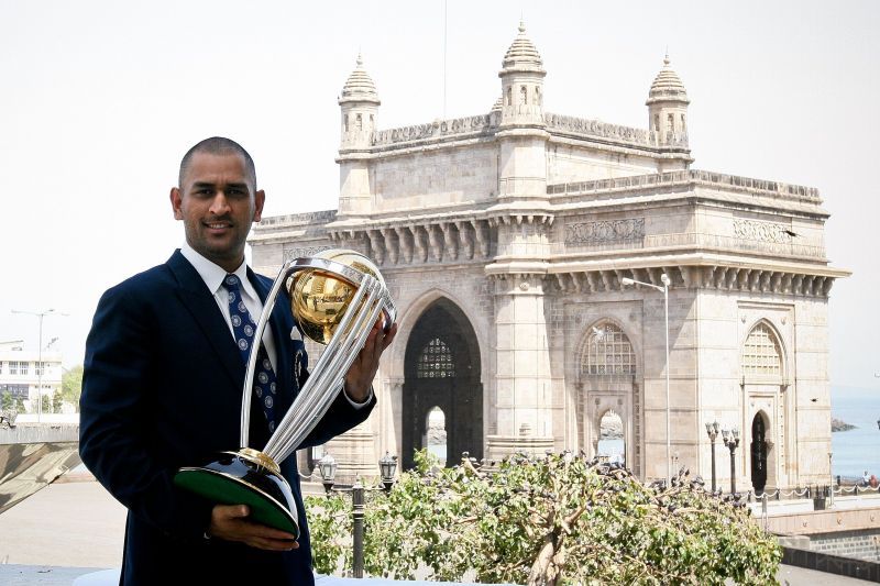 MS Dhoni with the 2011 World Cup in Mumbai.