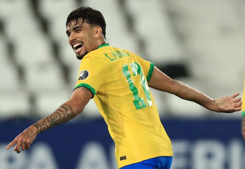 Lucas Paqueta rejoices after scoring Brazil&#039;s goal against Peru