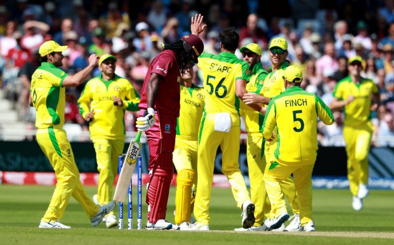 Mitchell Starc dismissed Chris Gayle in the 2019 Cricket World Cup match between Australia and the West Indies.