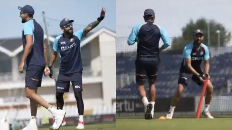 Virat Kohli (L) and Cheteshwar Pujara during India&#039;s fielding drill.