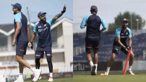 Virat Kohli (L) and Cheteshwar Pujara during India's fielding drill.