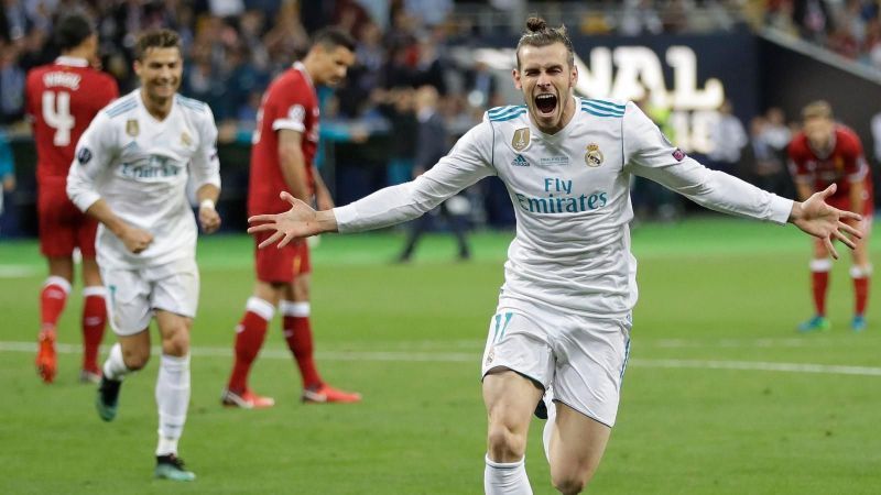 Gareth Bale rejoices after scoring a stunner in the 2018 Champions League final.